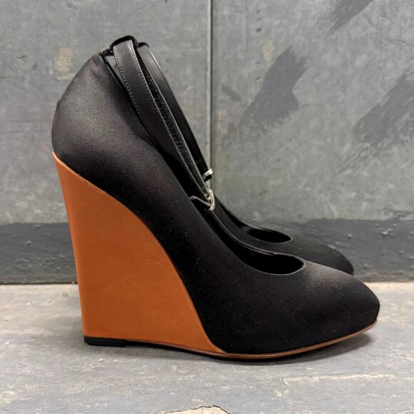 CELINE Archival Black Satin Wooden Wedge Heel Ankle Strap Shoes PHOEBE PHILO ERA - Picture 1 of 12